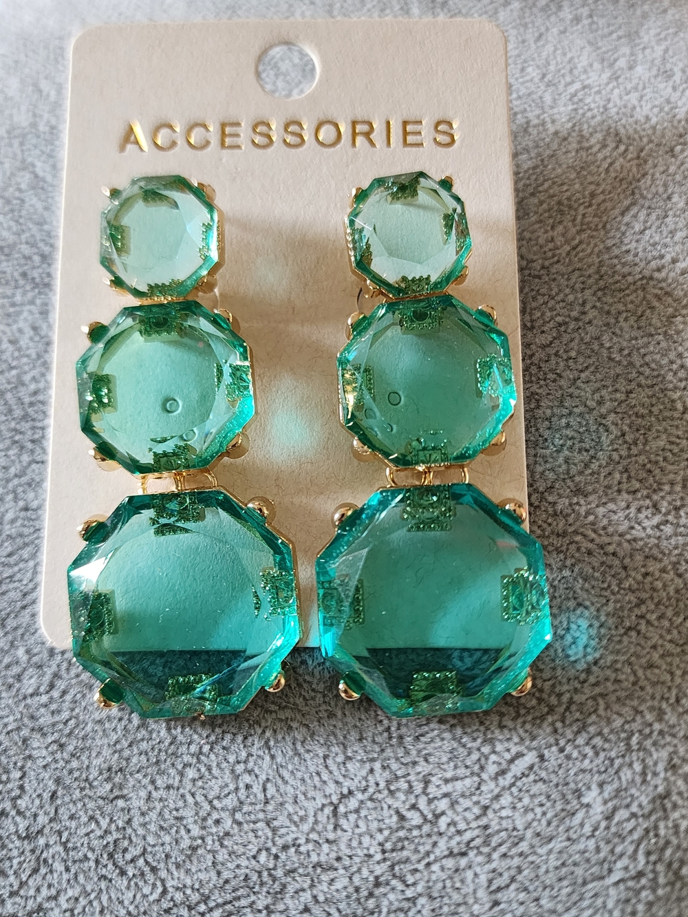 Green Faceted Drop Earrings with Gold-Tone Setting for Pierced Ears